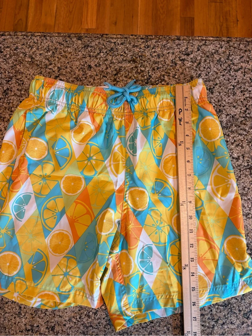 Men’s Whimsical Citrus-Print Swim Shorts in Yellow, Teal & Orange